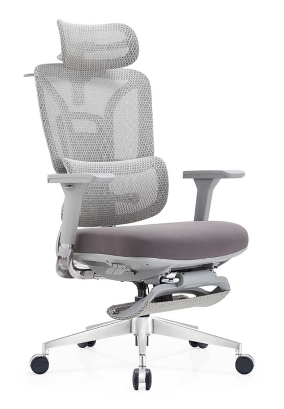 Grey Mesh Ergonomic Office Chair with Headrest and Retractable Footrest EMH-FT-GRY-01