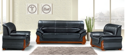 Black Leather Executive Reception Sofa Set with Walnut Wood Base EXEC-SF3-BLK-WD