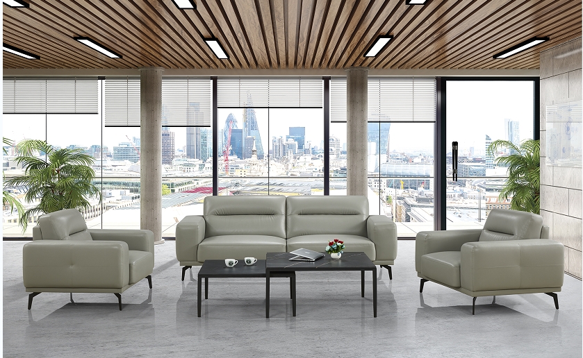 Light Gray Upholstered Office Lounge Sofa Set with Two Armchairs and Black Coffee Tables LS-OFS-3S-2C-CT02