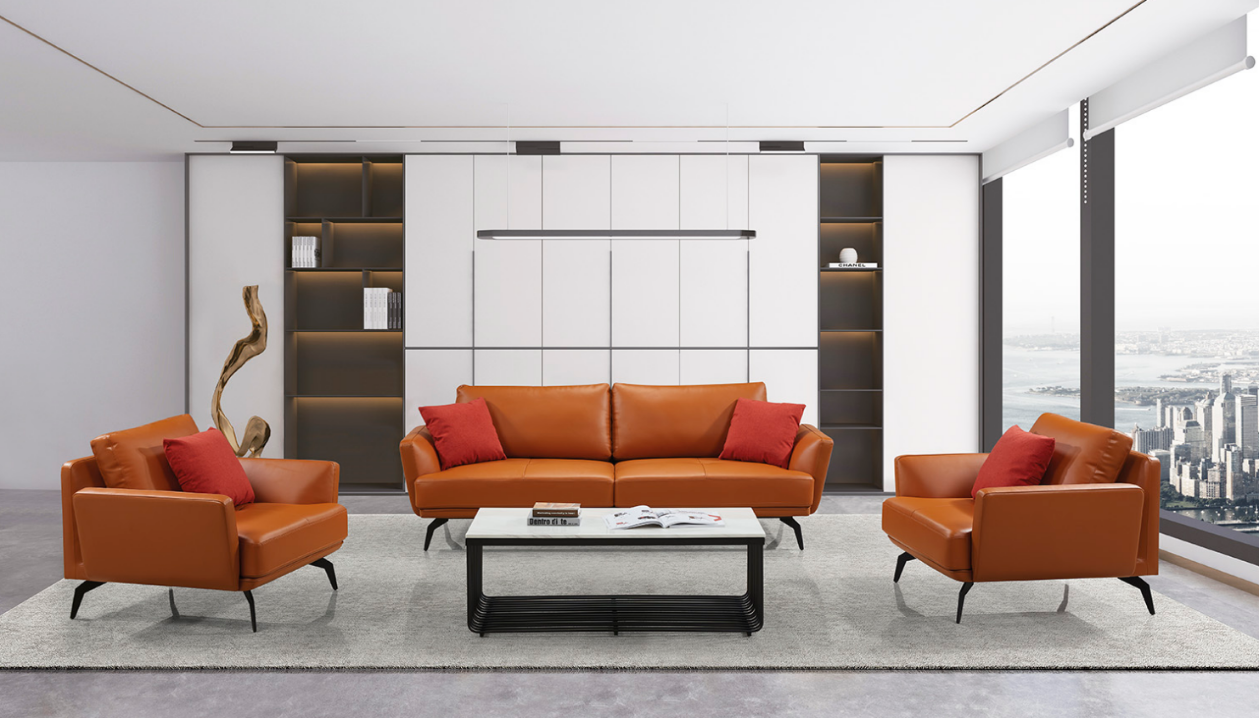 Cognac Leather Three-Seat Sofa with Slender Black Metal Legs SOF-3S-COG-MTL-2200