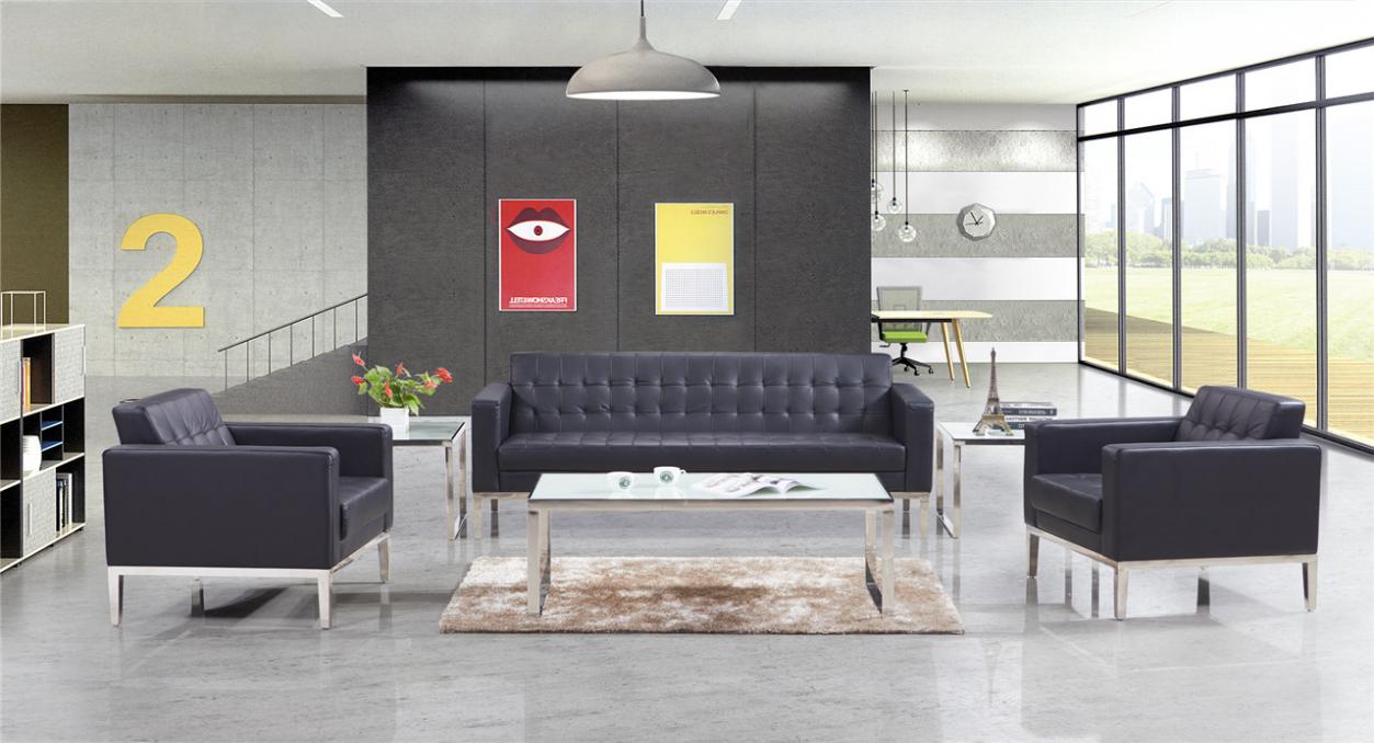 Five-Piece Black Tufted Leather Office Reception Sofa Set with Glass-Top Tables OS-RCP-BLK-311-GT