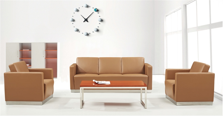Tan Leather Three-Seat Reception Sofa with Box Arms and Brushed Metal Plinth RCP-SF3-TAN-BXM-01