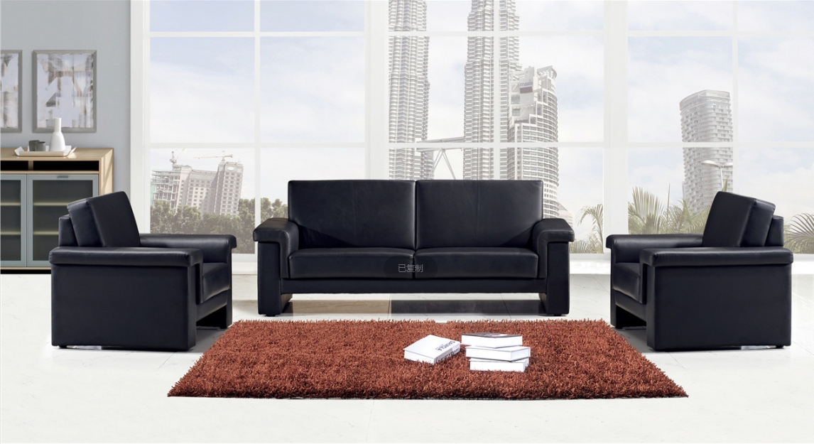 Black Leather 3-Piece Reception Sofa Set with 3-Seater Sofa and Two Armchairs RCV-BLK-LTH-3PC-311