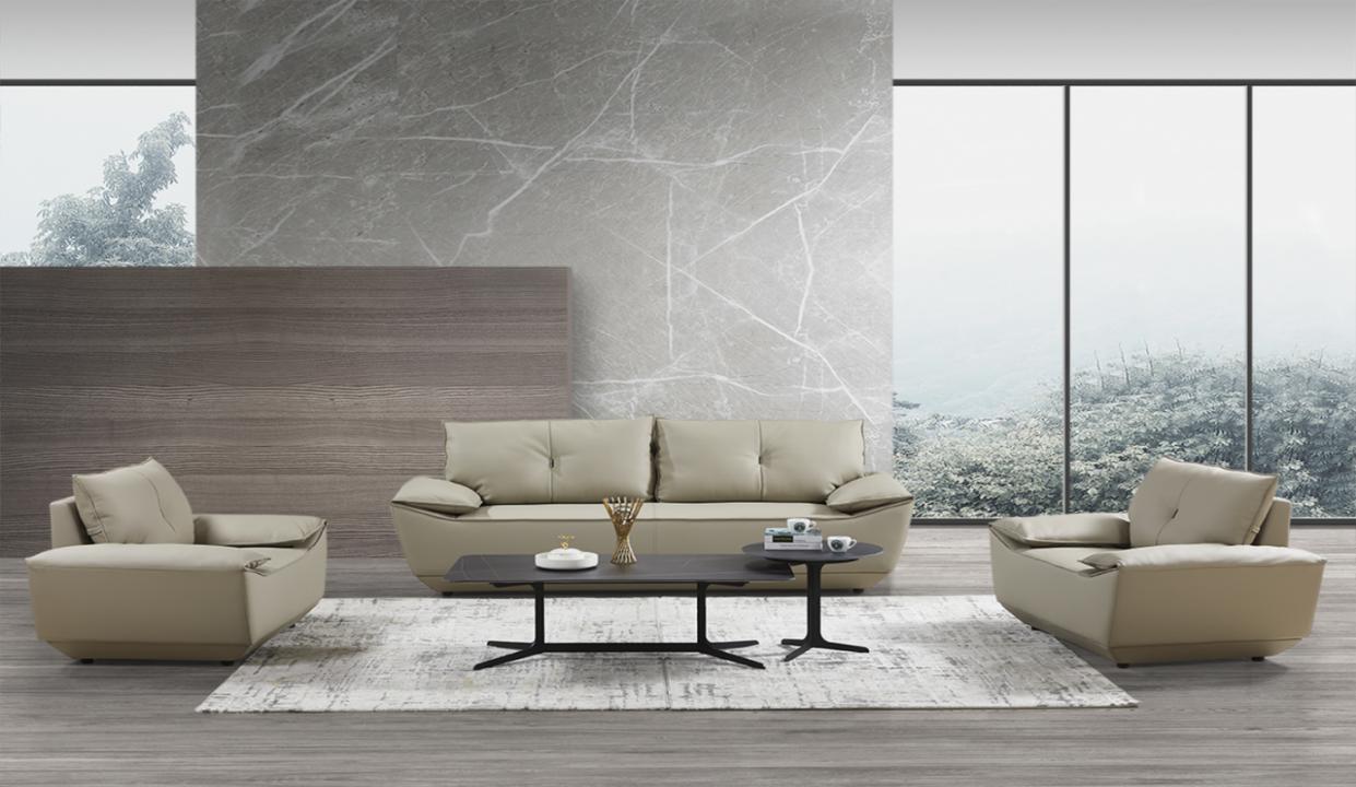 Contemporary Beige Leather Sofa Set with Coffee and Side Tables SOF-SET-31-BEIGE-TBL
