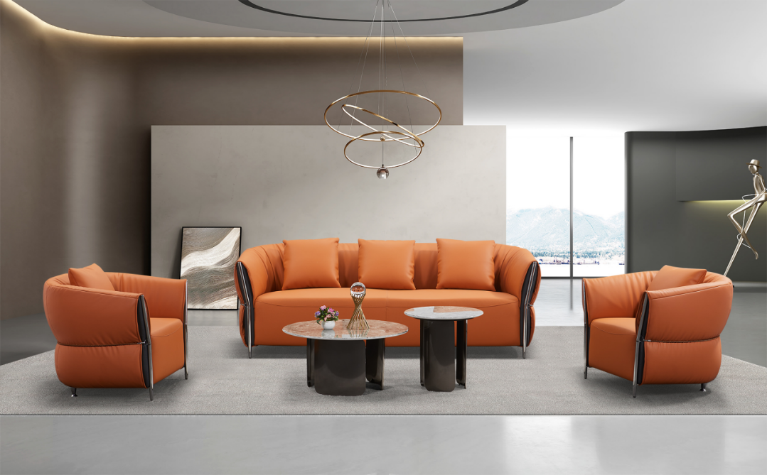 Curved Orange Upholstered Reception Sofa Set with Two Lounge Chairs LGS-CRV311-ORG