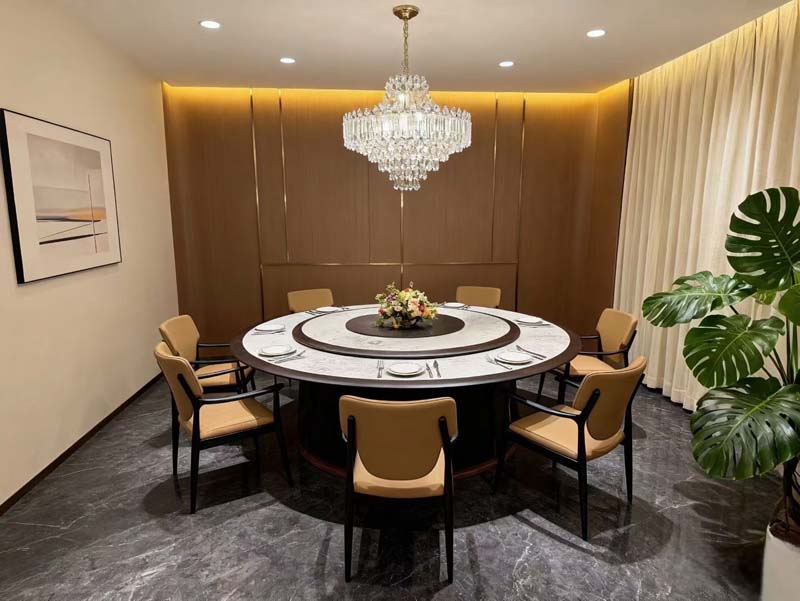 Round Marble-Look Dining Table with Central Lazy Susan and Eight Upholstered Armchairs RDT-MARBLE-1800-8S