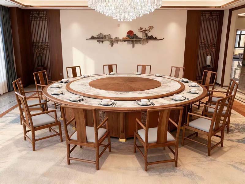 Large Round Marble-Top Banquet Dining Table with 14 Wooden Armchairs RBT-MAR-3200-14S