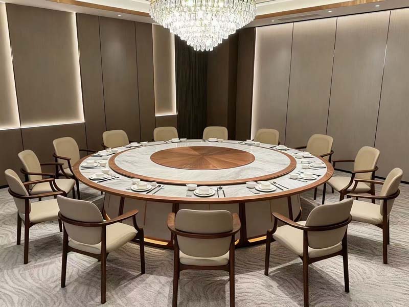Round Banquet Dining Table with Central Lazy Susan and 12 Upholstered Armchairs RBT-2400-12S-LS