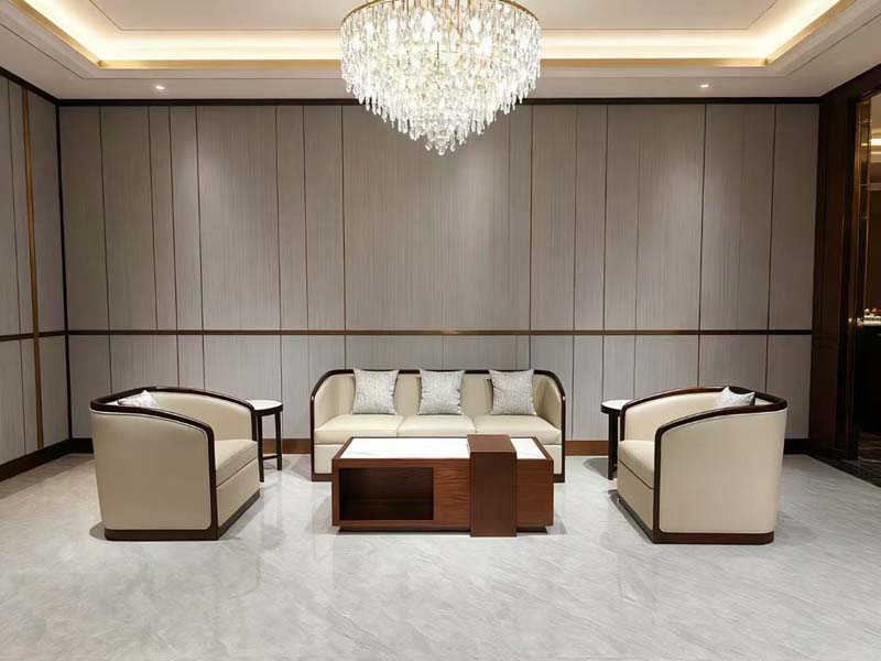Five-Piece Beige Upholstered Reception Lounge Seating Set with Walnut-Finish Tables LGS-RC3-CT2-BG01