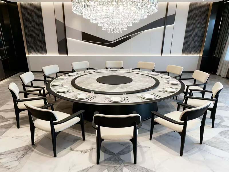 12-Seat Round Marble-Look Banquet Dining Table with Upholstered Armchairs RBT-3000-12S-BLK-IVO