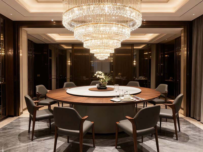 Walnut Veneer Round Banquet Dining Table with White Lazy Susan and Ten Upholstered Dining Chairs RBT-2400-LS10