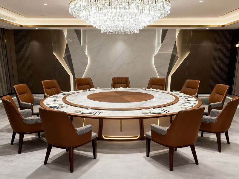 Luxury Round Banquet Dining Table with Central Lazy Susan and 12 Upholstered Armchairs RBT-2400-12P-LSZ