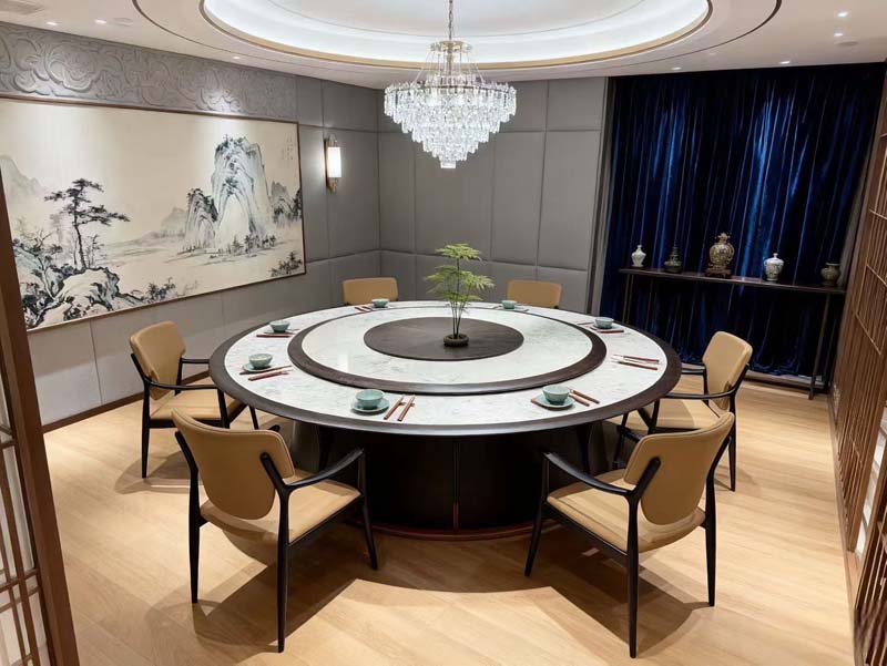 Round Marble-Top Dining Table with Central Lazy Susan and Eight Upholstered Armchairs RDT-MARBLE-1800-8S