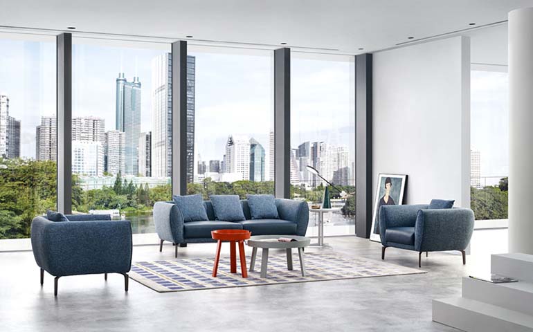 Blue Upholstered Three-Seat Sofa with Two Matching Lounge Armchairs LGS-BLU-3S2A-01