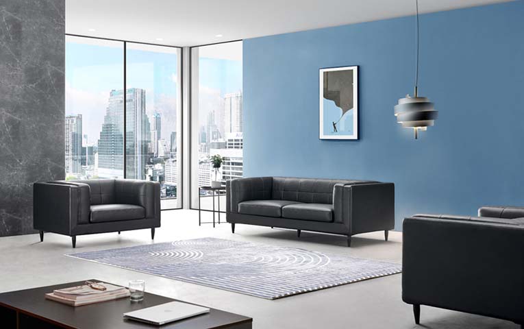Black Tufted Leather Match Three-Seat Office Sofa SOF-BLK-TUF-3S-2100