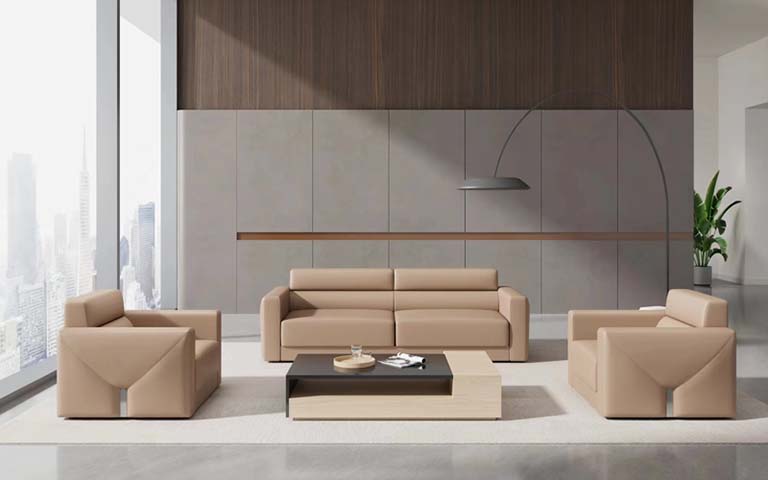 Modern Beige Leather Reception Sofa Set with Blocky Lounge Chairs and Coffee Table Lounge-Set-Beige-311-CT