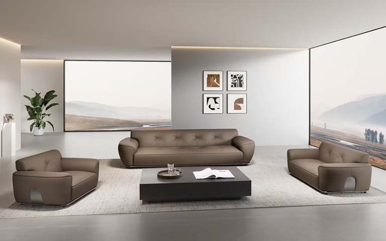 Taupe Leather Four-Seat Sofa with Rounded Arms and Tufted Back SF-RND-TAUPE-4S