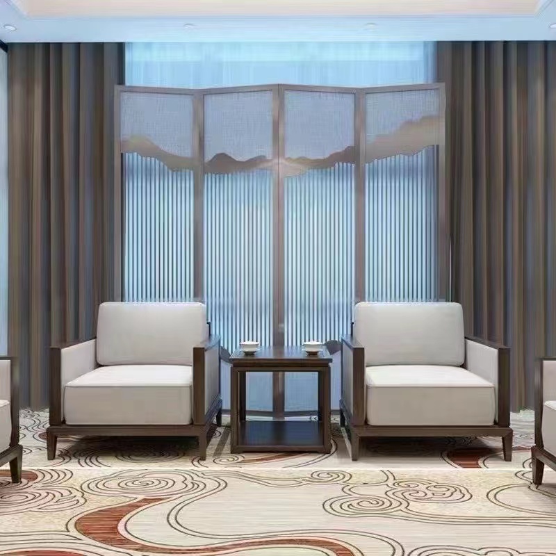 Modern Chinese Reception Lounge Set with Upholstered Armchairs, Side Table and Four-Panel Screen RCV-ARM-TBL-SCR-4P