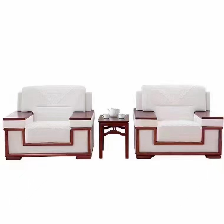 White Upholstered Reception Armchair Set with Dark Wood Frame and Side Table RC-SOLO-2W-ST01