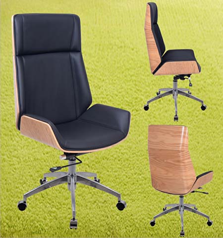 Mid-Century High-Back Executive Office Chair, Black Faux Leather Upholstery with Walnut Bentwood Shell, Chrome 5-Star Caster Base