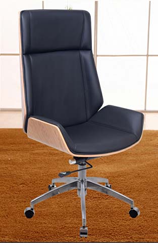Armless High-Back Black Faux Leather Executive Office Chair with Walnut Bentwood Trim, Polished Aluminum Base