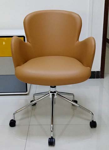 Tan Upholstered Swivel Office Chair with Integrated Curved Armrests and Polished Chrome 5-Star Caster Base