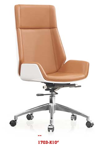 High Back Tan Leather Executive Office Chair with White Arm Shells and Polished Aluminum Base