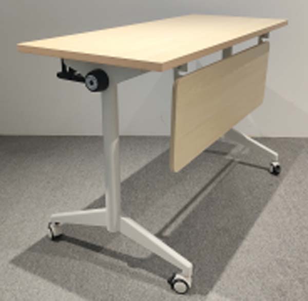 Light Wood Finish Mobile Flip-Top Nesting Training Table with White Steel Frame and Lockable Casters