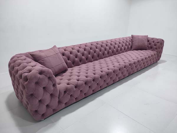 Mauve All-Over Diamond Button Tufted Extra-Long Low-Profile Stationary Sofa