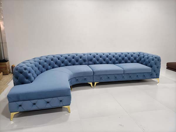Dusty Blue Velvet Button-Tufted Curved Sectional Sofa with Left Chaise and Gold Metal Legs