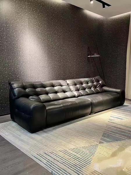 Low-Profile Biscuit-Tufted Black Leather Four-Seat Linear Sofa