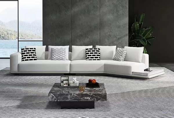 White Curved Right-Chaise Sectional Sofa with Dark Grey Veined Marble Rectangular Plinth-Base Coffee Table Living Room Set