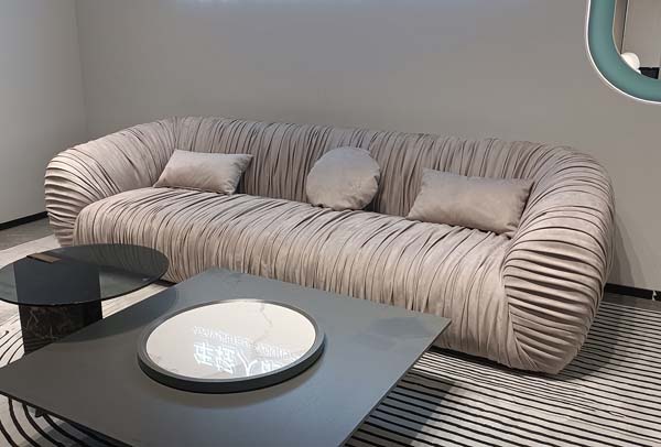 Light Gray Vertical Pleated Curved 3-Seater Upholstered Sofa