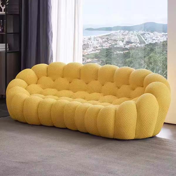 Mustard Yellow Curved Bubble-Quilted 4-Seat Low-Profile Upholstered Sofa