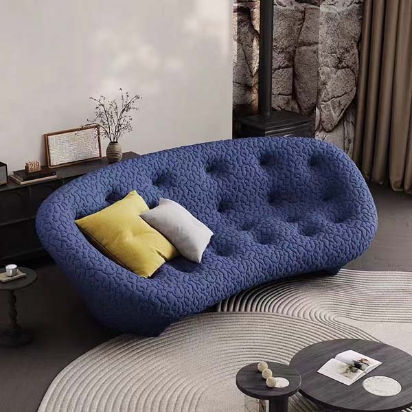 Navy Blue Tufted Curved Kidney-Shaped Upholstered Sofa
