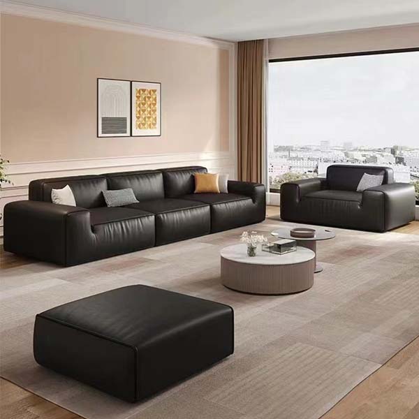 Low-Profile Modular Block Black Leather Sectional Sofa Set with Ottoman