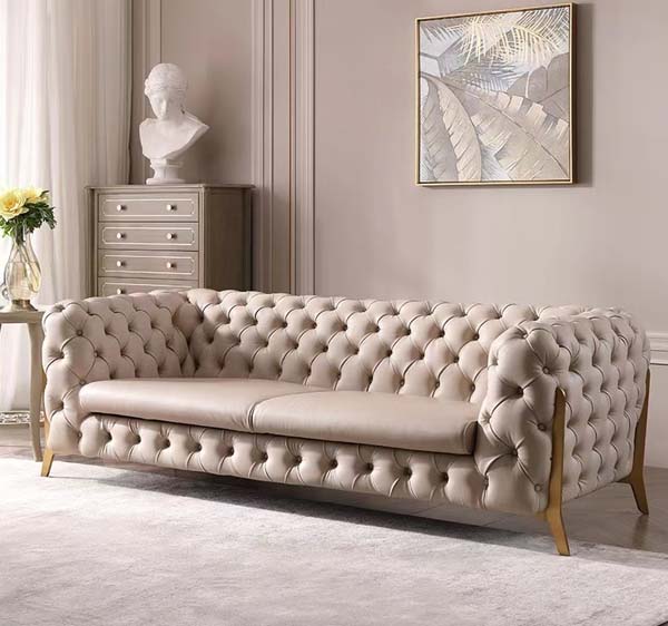 Light Beige All-Over Button-Tufted Chesterfield 3-Seat Sofa with Slanted Brushed Gold Metal Legs