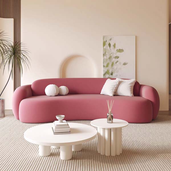 Dusty Rose Rounded Integrated Three-Seater Upholstered Sofa