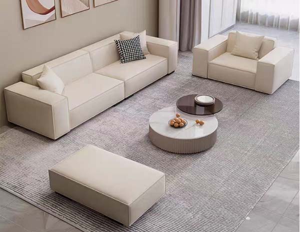 Cream Block-Style Modular Fabric Living Room Sofa Set with Matching Armchair and Ottoman