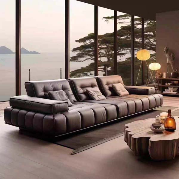 Dark Grey Channel-Tufted Leather 3-Seat Low-Profile Floating Linear Sofa
