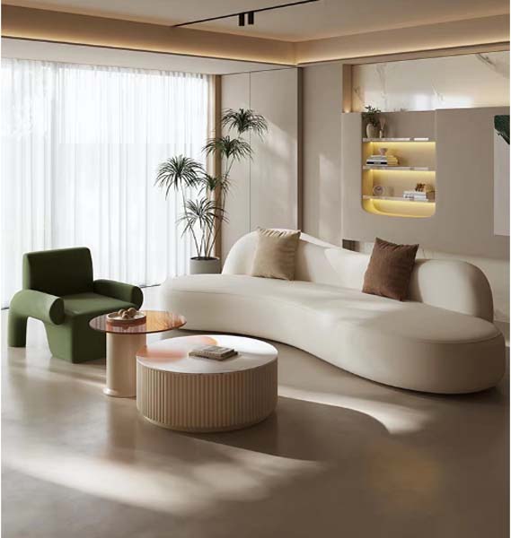 Cream White Curved Kidney Sectional Sofa with Integrated Chaise