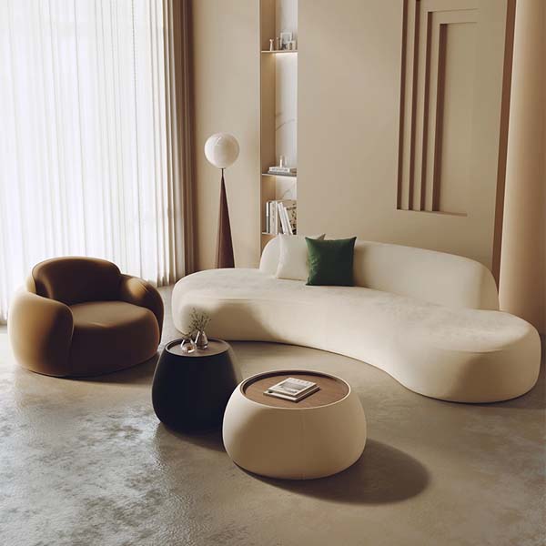 Curved Modular Boucle Sofa with Matching Swivel Lounge Chair and Drum Nesting Coffee Tables Living Room Set