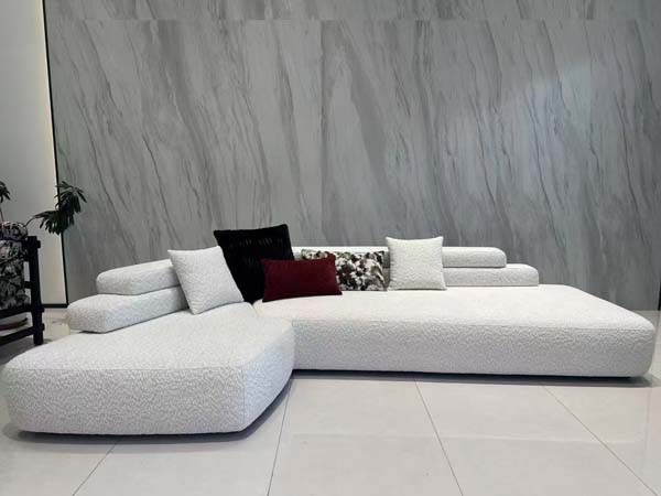 Low-profile Off-white Textured Fabric L-shaped Sectional Sofa with Curved Left Chaise