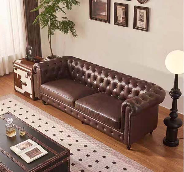 Dark Brown Button-Tufted Chesterfield 3-Seat Leather Sofa