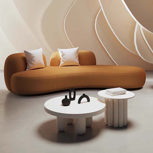 Low-Profile Caramel Boucle Asymmetrical Kidney Curved Armless Sofa