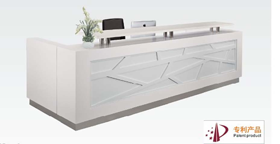 L-Shaped High-Gloss White Geometric Facade Reception Desk with Raised Transaction Shelf