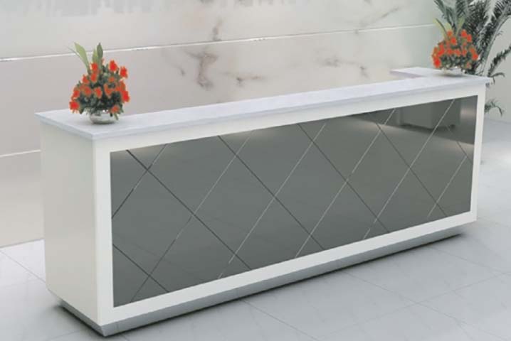 White Gloss Commercial Reception Desk with Diamond Mirror Front Panel