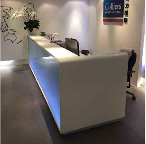 White Linear Corporate Lobby Reception Desk with Blue LED Accent Lighting