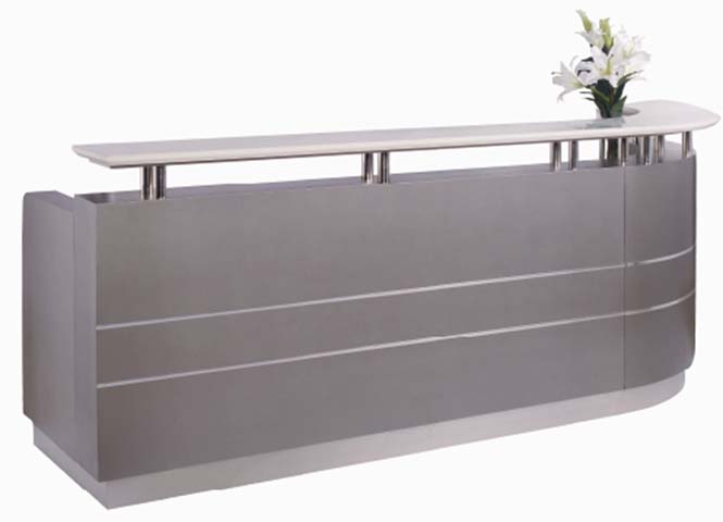Curved End Dual-Tone Grey-White Reception Desk with Raised Transaction Counter