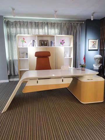Two-Tone Curved Executive Office Desk with Matching Open Bookshelf Hutch